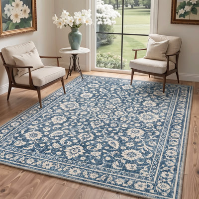 Tapis de couloir oriental bleu / ivoire lavable à la machine avec envers antidérapant