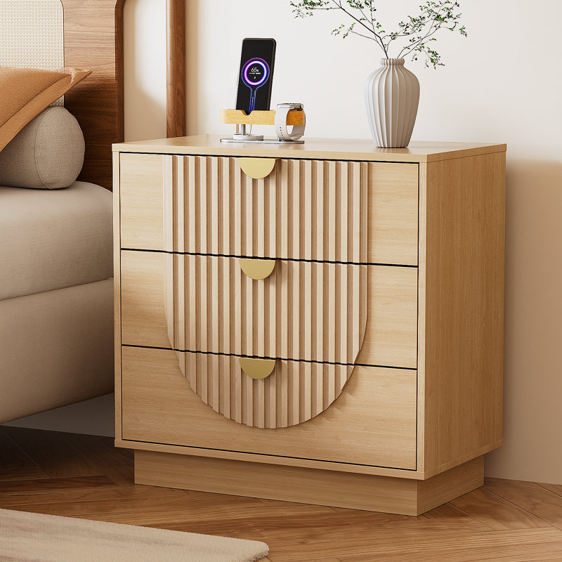 28" Fluted Night Stand & Modern Bedside Table, 3 Drawer Nightstand with Charging Station, Caramel Brown