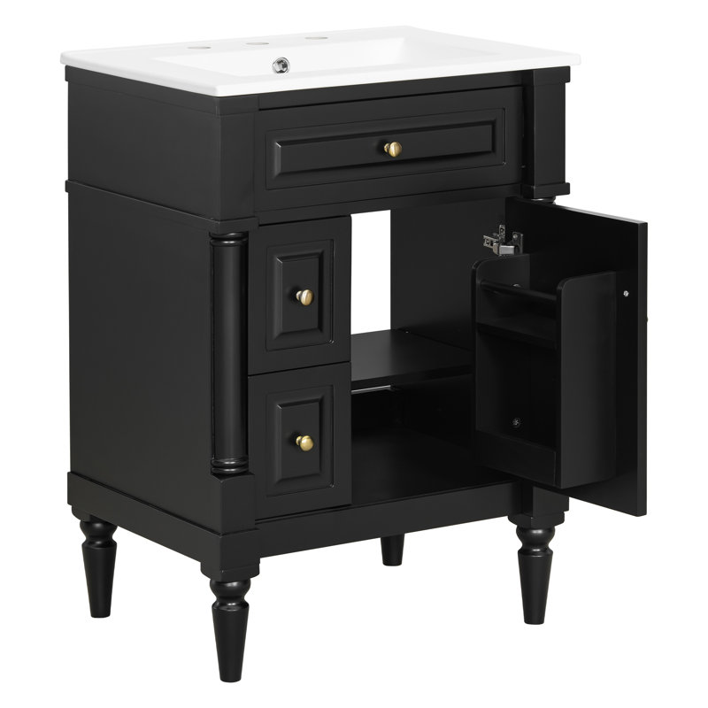 Meuble-lavabo de salle de bain avec lavabo, armoire de salle de bain autoportante de 24 pouces avec tiroir rabattable, tablette réglable