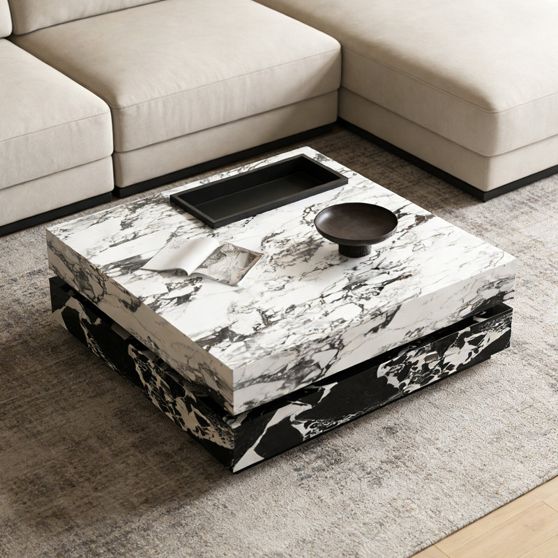 Table basse carrée sur pied avec plateau, H 13,77 po x L 35,43 po x l 35,43 po, Noir, White/Black