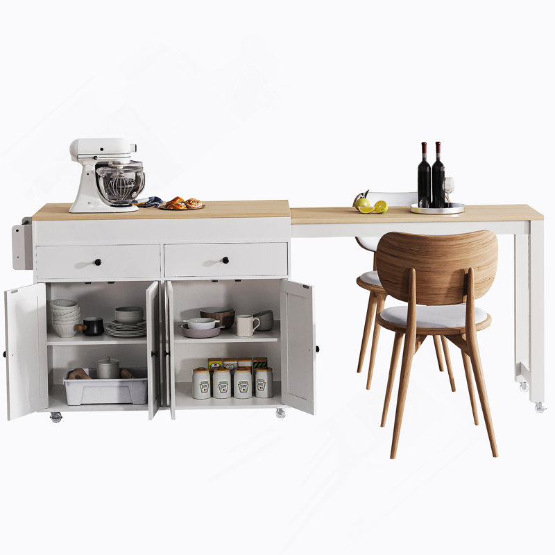 74.5 Inch Extendable Dining Table Kitchen Island With Wheels, Spice Rack, 2 Drawers, And 4 Door Cabinet For Versatile Storage And Functionality