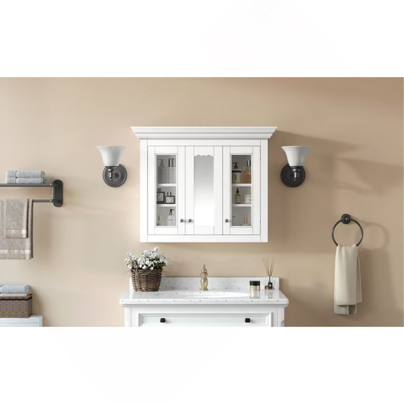 Armoire à pharmacie de 35 po avec miroir, 5 tablettes fermées et réglables, armoire de rangement murale avec portes en verre