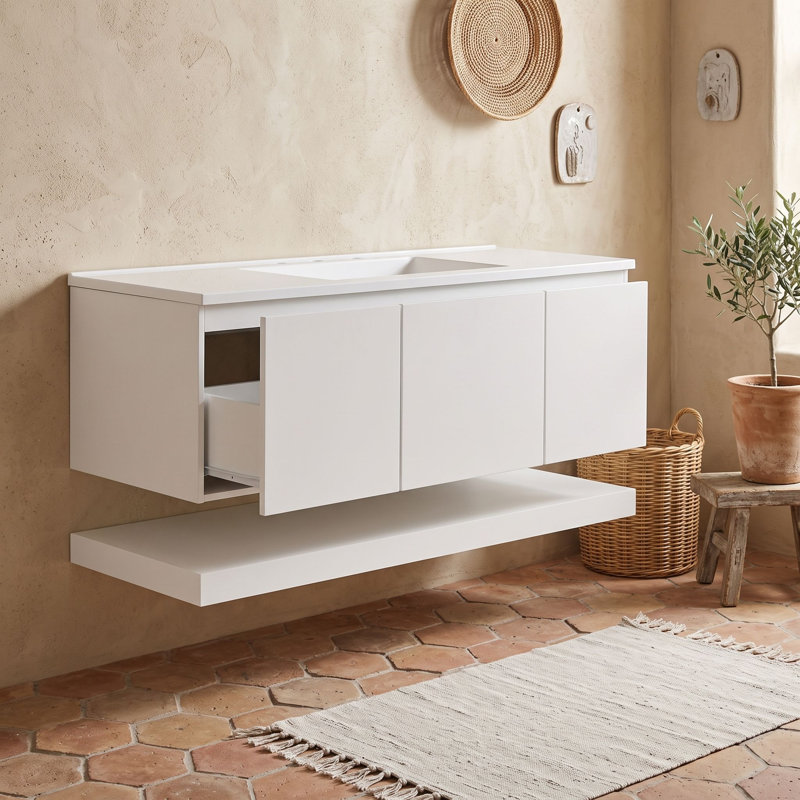 Meuble-lavabo mural avec lavabo, 3 tiroirs et tablette inférieure ouverte