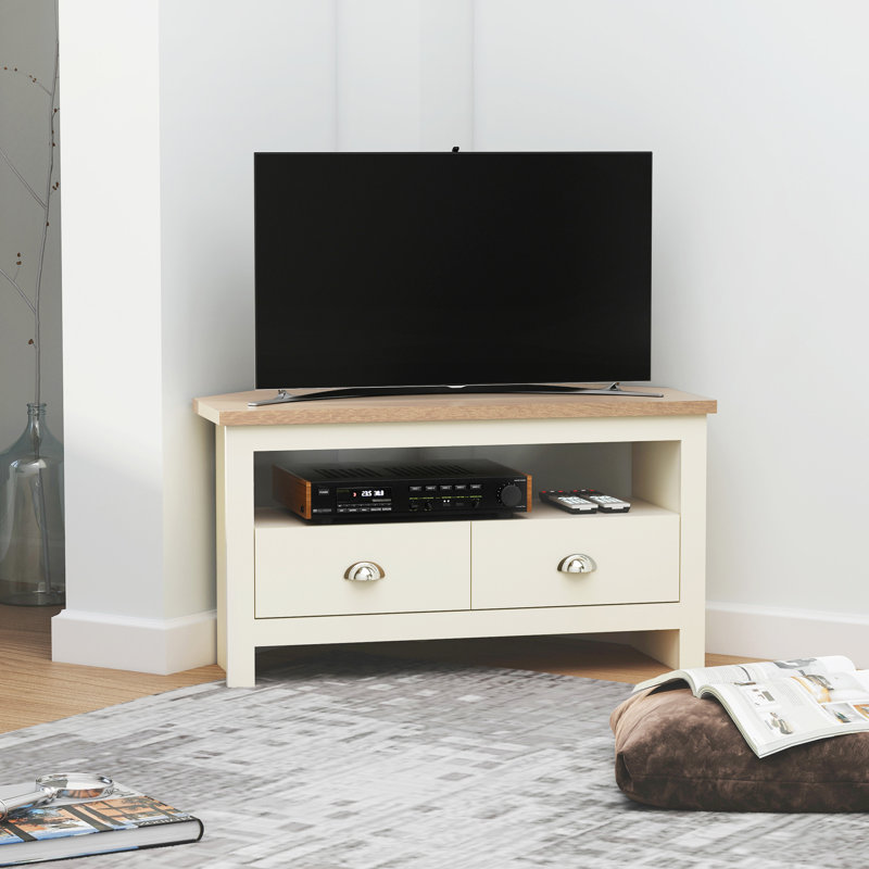 Corner Tv Console Table, White, With Drawers And Open Storage For Up To 50" Tvs In Living Room Stand Corner, White Compartment Entertainment
