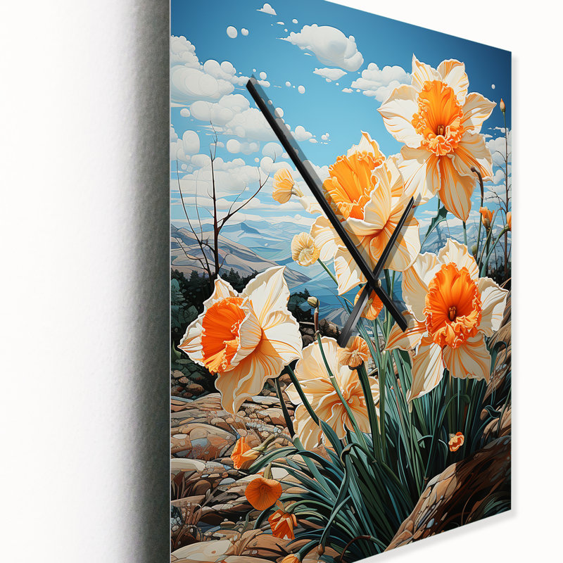 Daffodils Field Dance IV - Floral Very Large Wall Clocks, 32" H x 16" W x 1" D