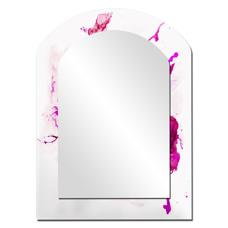 Viva Magenta Secret Wispers III - Liquid Ink Arch Wall Mirror, Pink Asymmetrical Decorative Mirror, Printed Metal Art