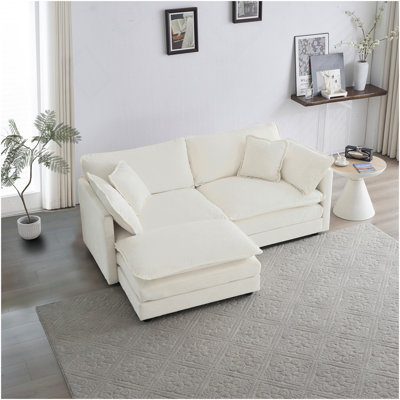 Canapé à deux places en chenille avec 1 repose-pieds, canapé modulaire en L avec repose-pieds 2 places, causeuse avec repose-pieds pour petit espace de vie, chenille blanche