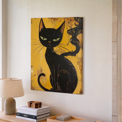 Toile, art mural, chat noir mystique, minimaliste, chic, félin, avec l'attitude de certains chats, prêt à être accroché