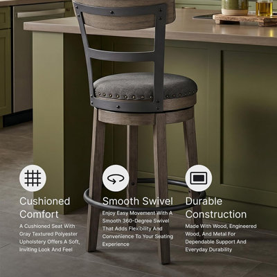 Tabouret de bar pivotant à hauteur de comptoir, chaise de cuisine grise moderne