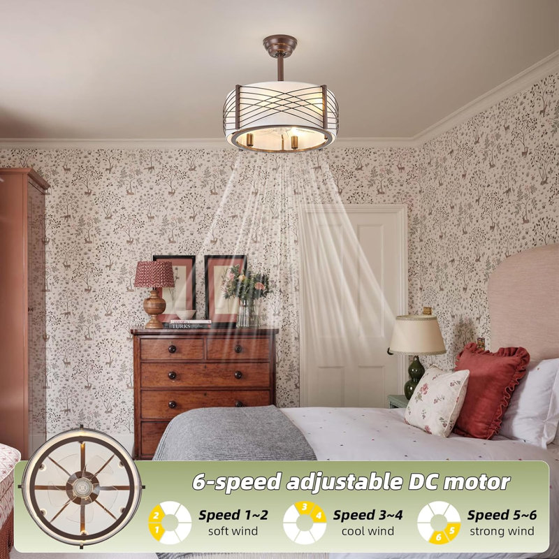 20" Fandelier Ceiling Fans With Lights, Brown Caged Boho Ceiling Fan With Light Remote Control, Mid-Century Modern With 6 Speeds For Bedroom, Nursery, Living Room