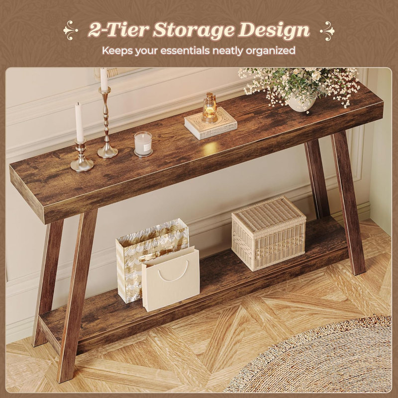 Console Table with Charging Station USB-C Port 2 Tiers Entryway Table 53.9 Inch Sofa Table with Metal Legs Entry Hallway Table with Thicker Desktop Rustic Brown
