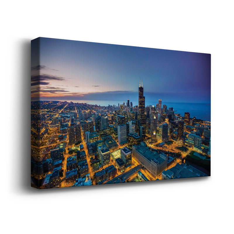 Toile tendue avec châssis de qualité supérieure 44_S Sunset Downtown Chicago - prête à être accrochée