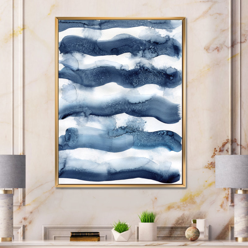 «Abstract Classic Blue Waves», peinture sur toile à cadre flottant, H 32 po x l 16 po x P 1 po, Toile encadrée d'or