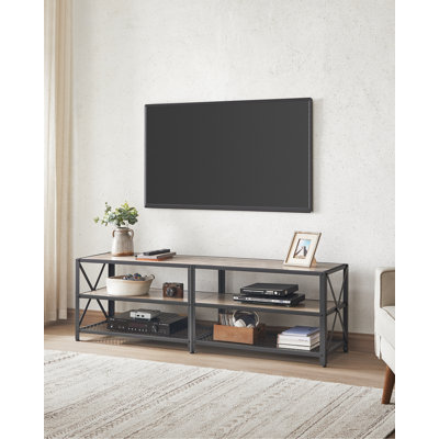 Meuble télé pour téléviseur de 70 po ou moins, banc télé, centre de divertissement, console télé à 3 niveaux, gris et noir