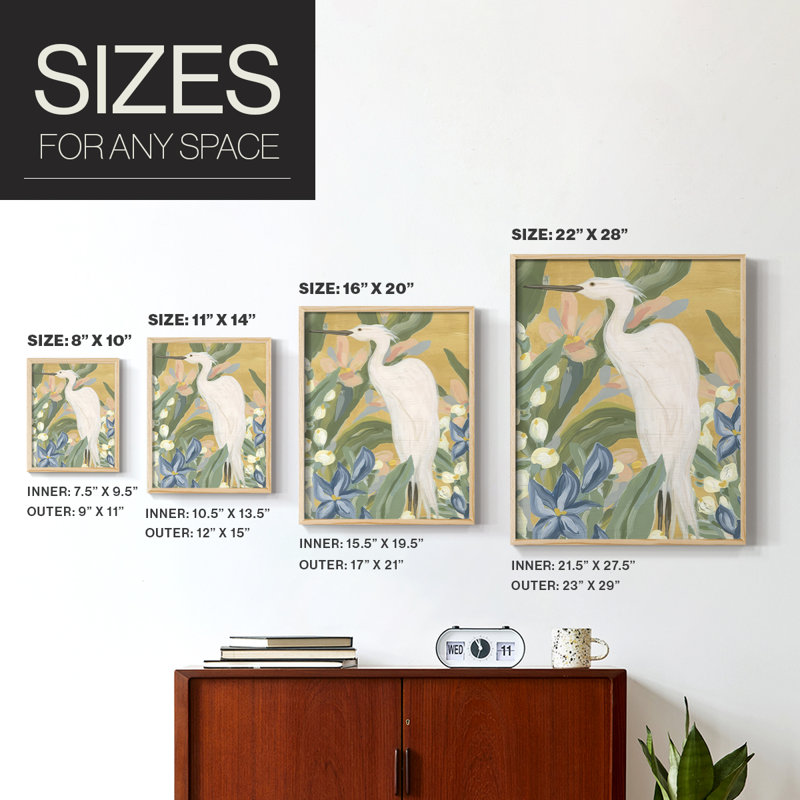 Floral Egret I-Premium, reproduction encadrée prête à accrocher - aucun clou requis - aucun clou requis, H 29 po x l 46 po