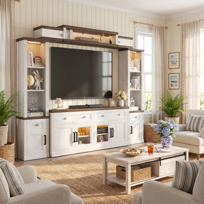 Meuble télé 4 pièces Jonathan Farmhouse avec bibliothèques, station de charge et lumières à DEL pour téléviseur de 75 po ou moins, meuble audio-vidéo mural moderne avec 4 tiroirs et armoires de rangement, console télé pour salon, chambre à coucher
