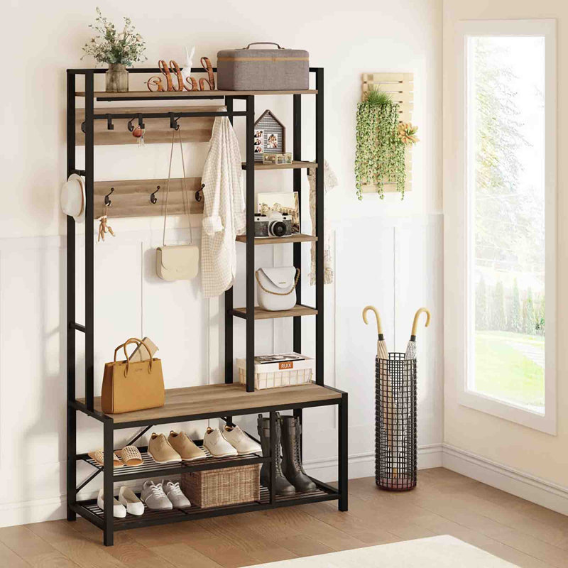 Arbre d'entrée de 41,34 po de largeur avec banc et rangement pour chaussures, Chêne rétro
