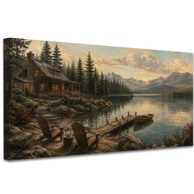Tableau sur toile représentant un chalet au bord d'un lac, une retraite rustique au bord d'un lac alpin avec des fleurs sauvages, un paysage pictural vintage, pour la maison, un chalet ou un bureau, monté sur châssis et prêt à accrocher, 30 x 60 cm