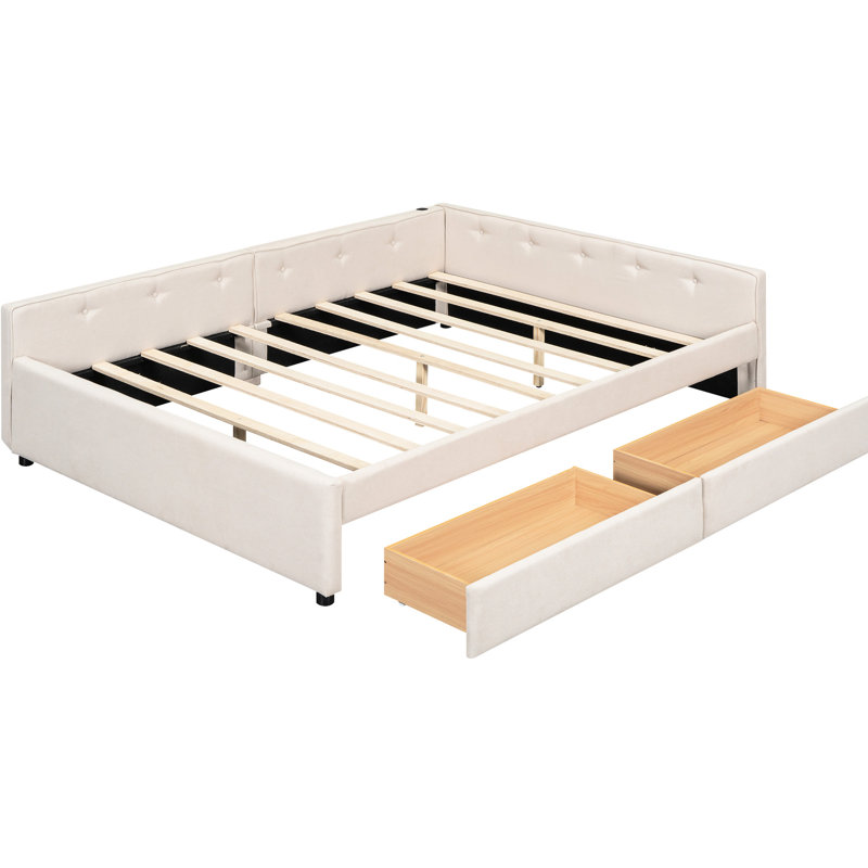 Grand lit tapissier beige moderne avec 2 tiroirs élancés, plateforme élégante et tiroirs de rangement, Grand lit