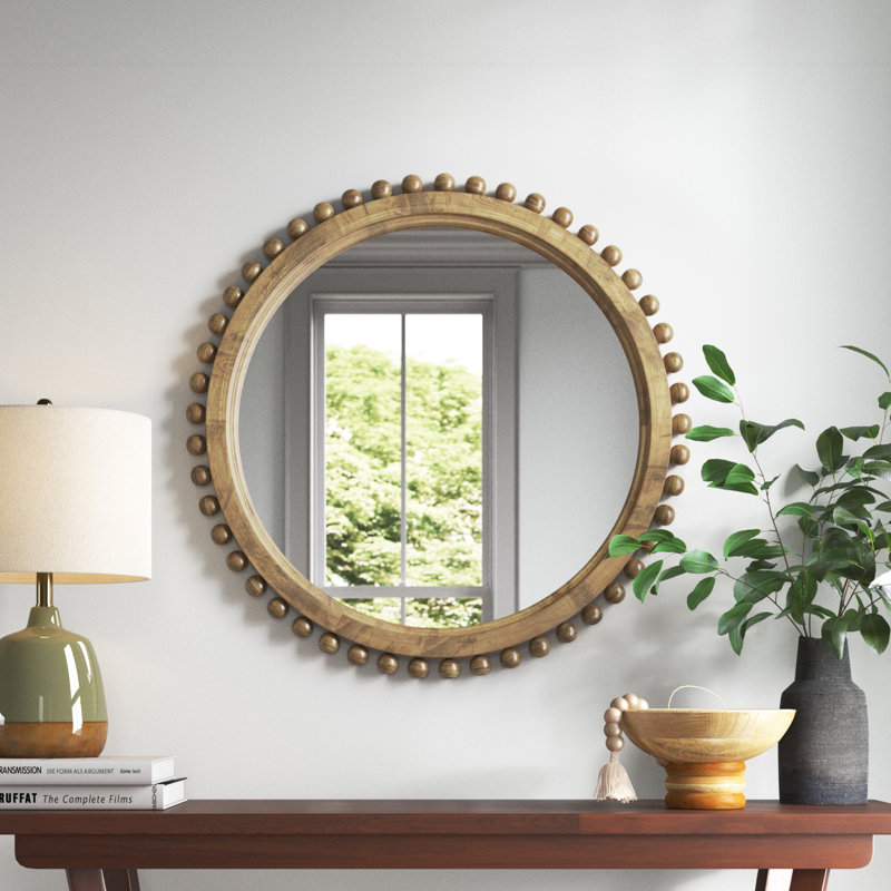 Gold Mango Wood Room Wall Mirror with Beaded Detailing, 35" x 2" x 35", Brown