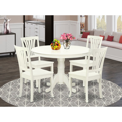 5 Piece Kitchen Table Set for 4 Includes a Round Dining Room Table with Pedestal and 4 Solid Wood Seat Chairs, Linen White