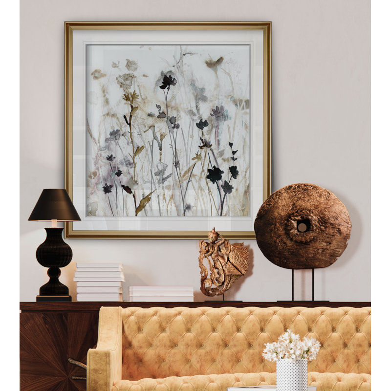 « Wildflower Mist I » - peinture, H 23 po x l 23 po, Impression encadrée, Doré