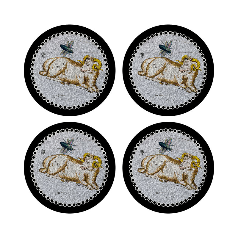 Zodiac Aries Vegan Leather Round Pebble Placemat, Black