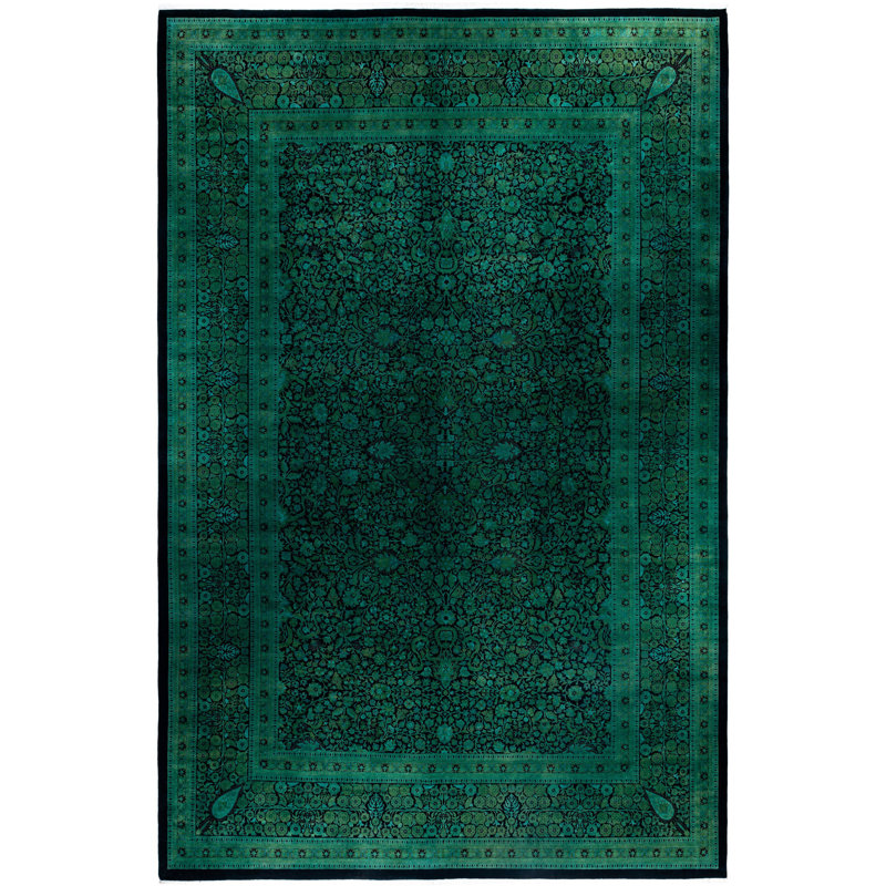 Tapis unique noué à la main Rachal - vert, 12 pi 0 po x 18 pi 7 po