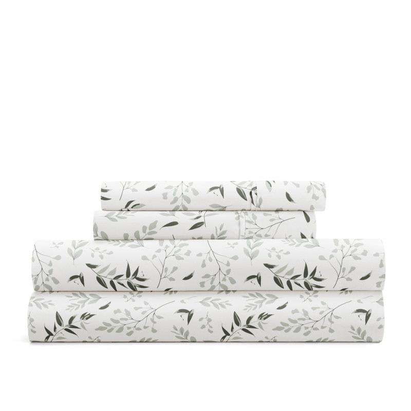 4 Piece Sheet Set Patterned Microfiber Ultra Soft Bedding in Floral Dream, Full, Tossed Foliage Eucalyptus