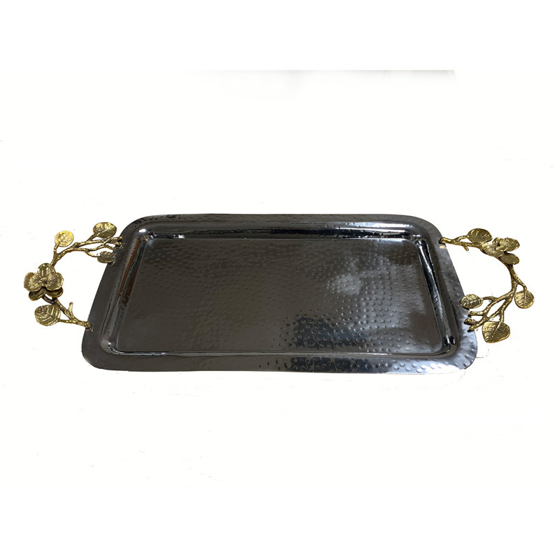 Taylah Metal Rectangular Serving Tray with Orchid Handles for Elegant Christmas Decor and Festive Gifting