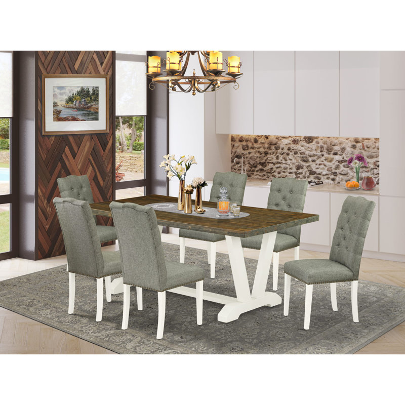 7-Piece Dining Table Set Consists of a Distressed Jacobean Dining Table and 6 Smoke Linen Fabric Upholstered Chairs with Button Tufted Back - Wire Brushed Linen White.