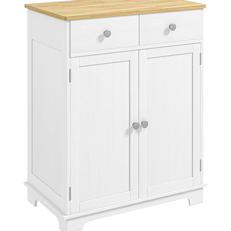 Armoire de cuisine moderne - Buffet de comptoir en bois massif blanc vieilli avec 2 tiroirs, portes et tablette réglable pour un rangement efficace