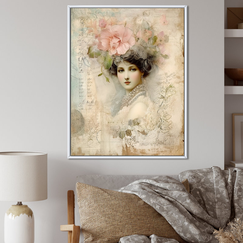 Victorian Lady Pink Roses, impression rustique sur toile, H 20 po x l 12 po x P 1 po, Cadre flottant blanc