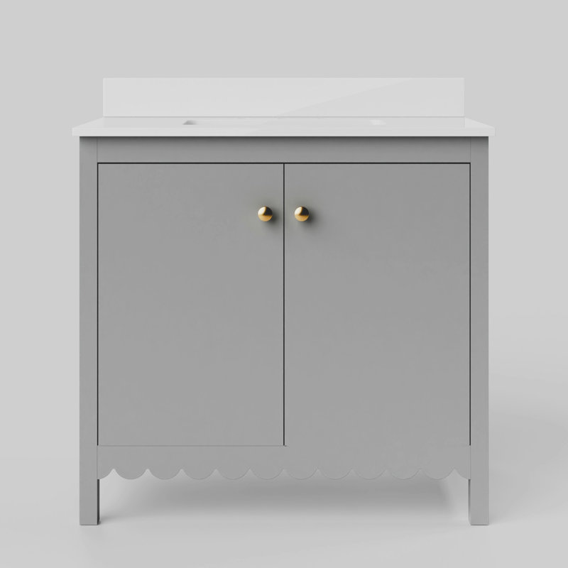 Meuble-lavabo simple 36 po Scalloped - gris clair - avec plateau - boutons dorés, Blanc / Doré, 36"