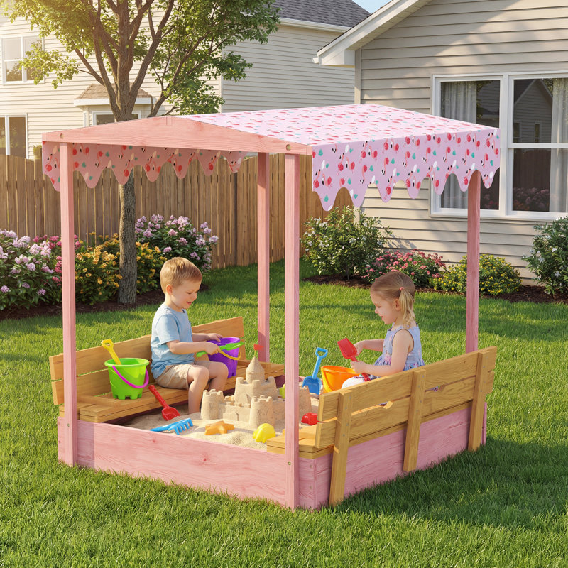 AIYAPLAY Wooden Sandbox with Lid Foldable Seat Storage for 3-6 Years Pink