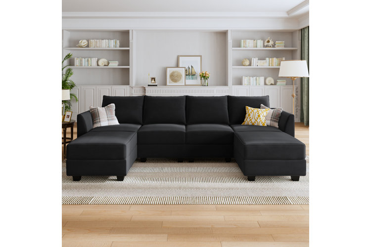 Tremee U-Shaped Modular Sofa Sectional in black velvet