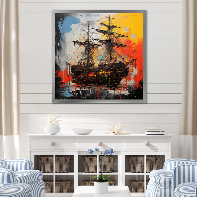 Popart bateau pirate coucher de soleil - art mural pirate, H 30 po x l 30 po x P 1,5 po, Cadre simple argenté