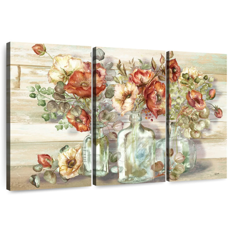 Harnek, coquelicots et eucalyptus en bouteille, H 28 po x l 45 po