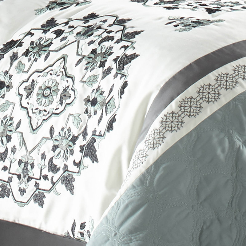 Alex Blue and Gray Queen Comforter Set with Embroidery