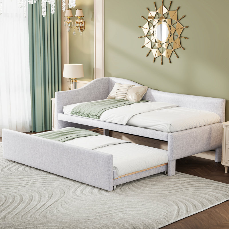 Lit de jour simple tapissier en L rembourré avec lit gigogne, Beige