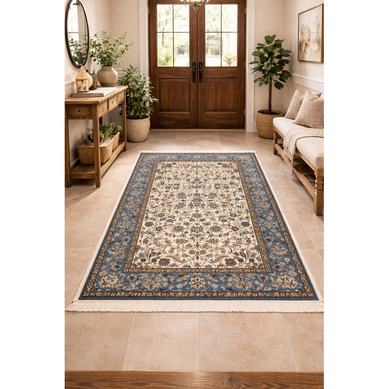 Tapis floral crème en laine noué à la main, Rectangle 4 pi x 5 pi 11 po