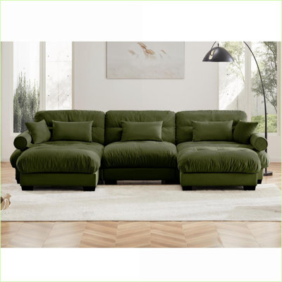 Canapé modulaire en U / L convertible moderne avec repose-pieds mobiles | Velours vert olive