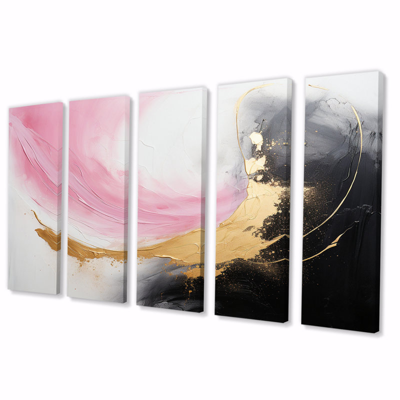 Abstrait vague dorée rose et noire III - reproduction sur toile abstraite - 5 panneaux égaux