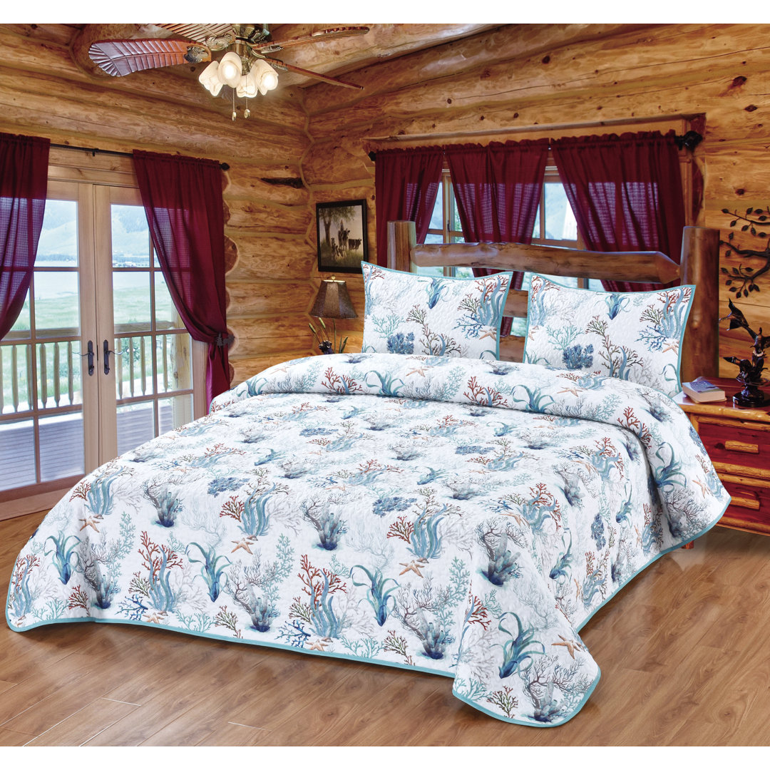 Dancing in the Sea Coral White Ocean Coral Beach Nautical Themed Decorative Quilt Bedding Set De Leon Collections 