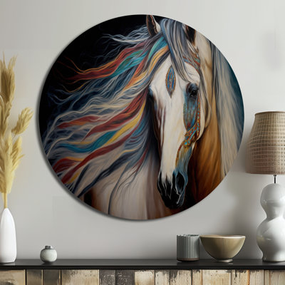 Cheval indien avec crinière colorée I - animaux, art en métal rond