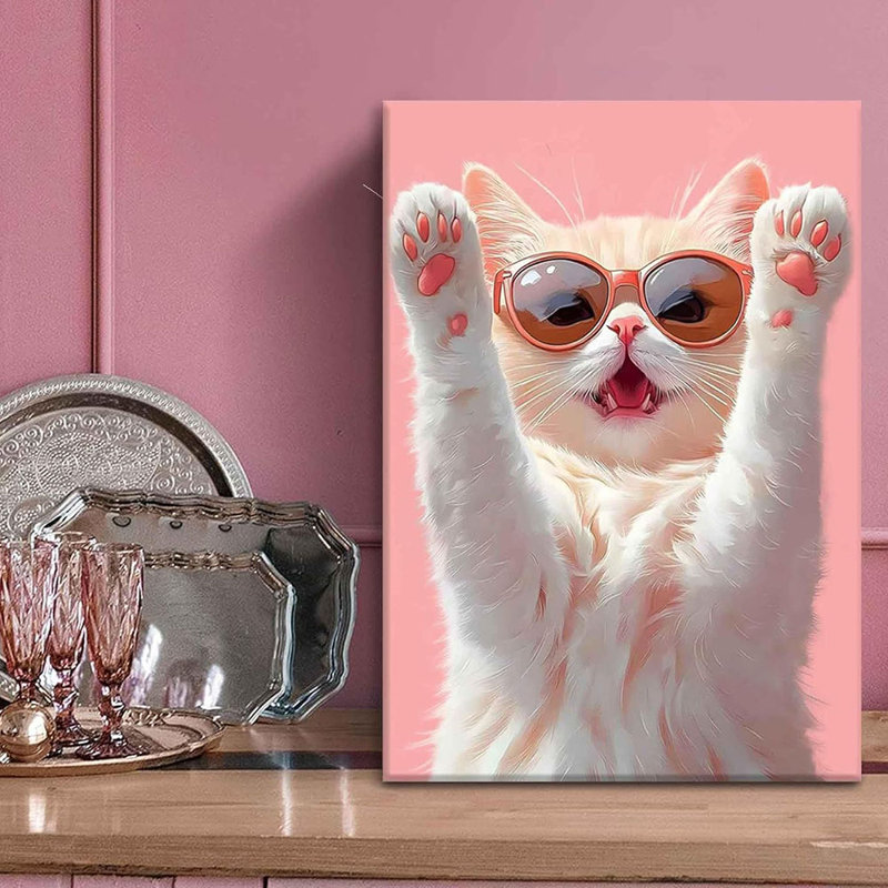 Funny Cat Canvas Wall Art Pink Room Wall Decor Picture Cute Cat Poster Prints For Bedroom Living Room Kitchen Bathroom Home Decoration