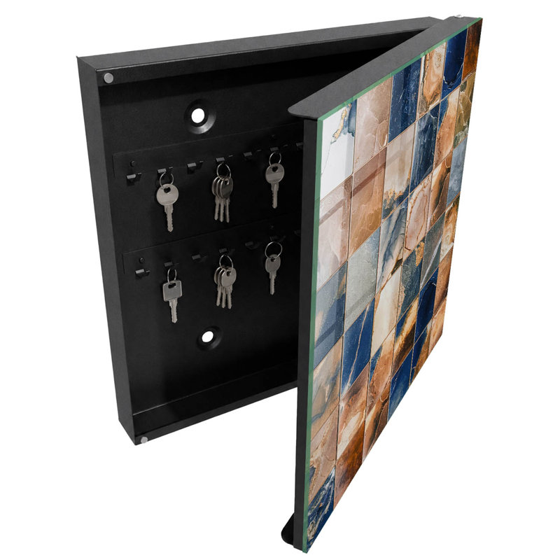 Decorative key box for wall, Opens to the right, 30x30x5, Black, Seamless marble mosaic with browns and garnets, 