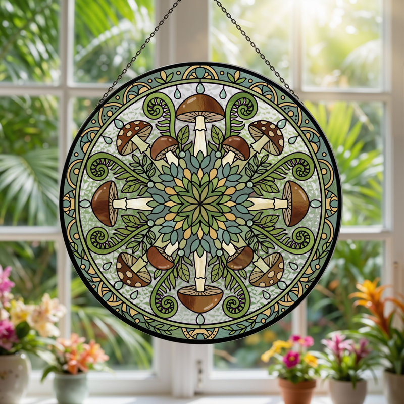 Panneau de vitrail Mushroom Mandala, H 12 po, H 12 po