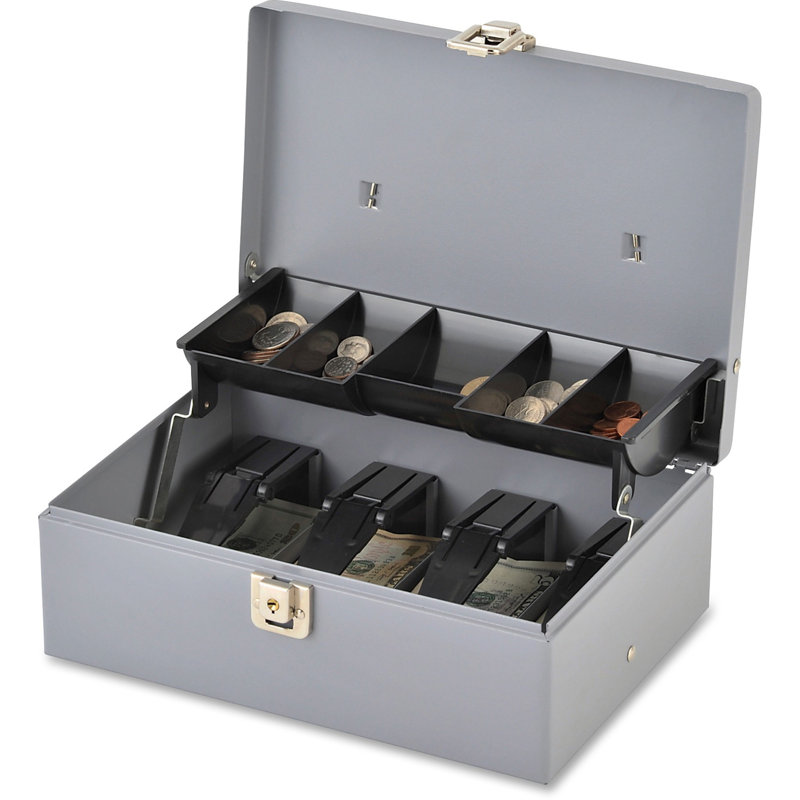 Gray Steel 5-Compartment Tray Cash Box with Keys