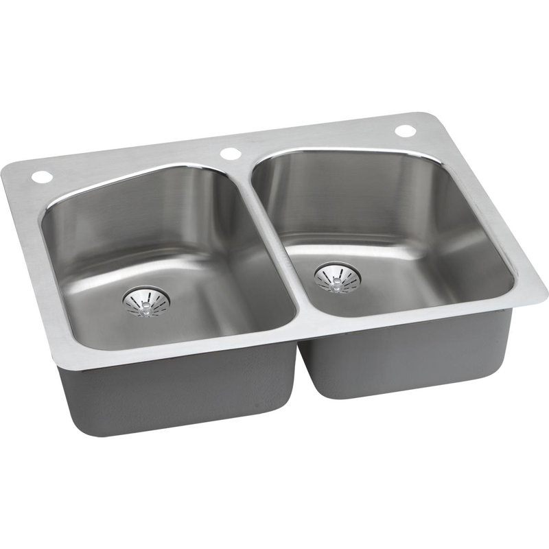 Lustertone 33" L x 22" W Double Basin Dual Mount Kitchen Sink with Drain Assembly, 3 hole